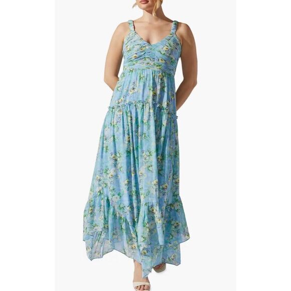ASTR the label Dresses & Skirts - ASTR‎ the Label Womens Floral Shirred V-Neck Shirred Sundress Blue Green Medium